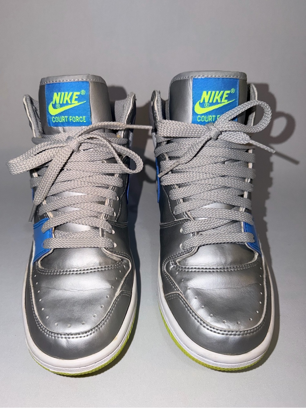 Nike Court Force Metallic Silver and Blue High-Top Sneakers with Lime Accents